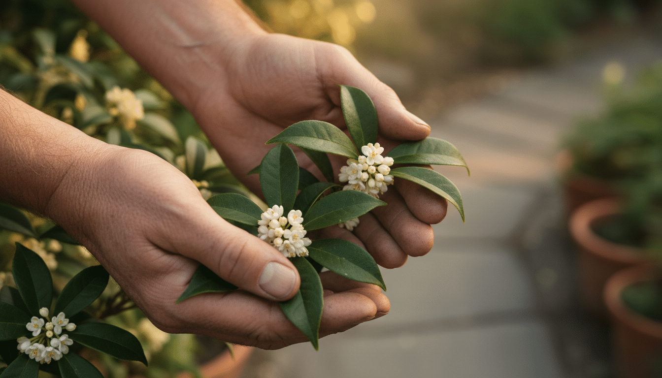 Gros plan sur les fleurs blanches de l'osmanthus burkwoodii