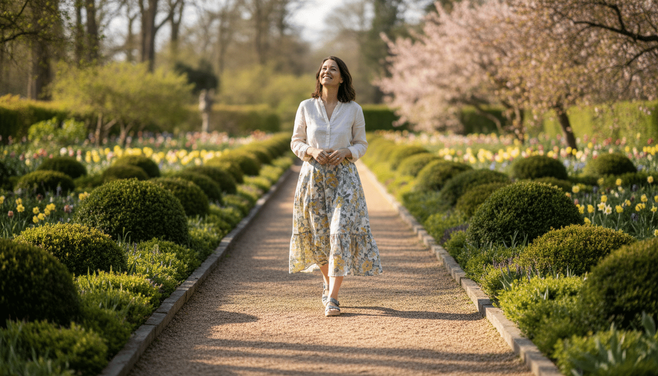 Allée de jardin bordée d'arbustes persistants parfumés