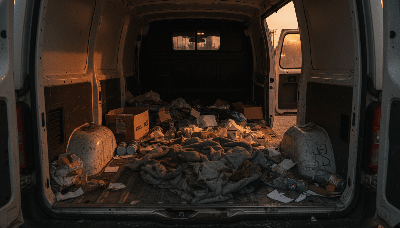 Intérieur encombré d'un véhicule utilitaire avec couverture sale