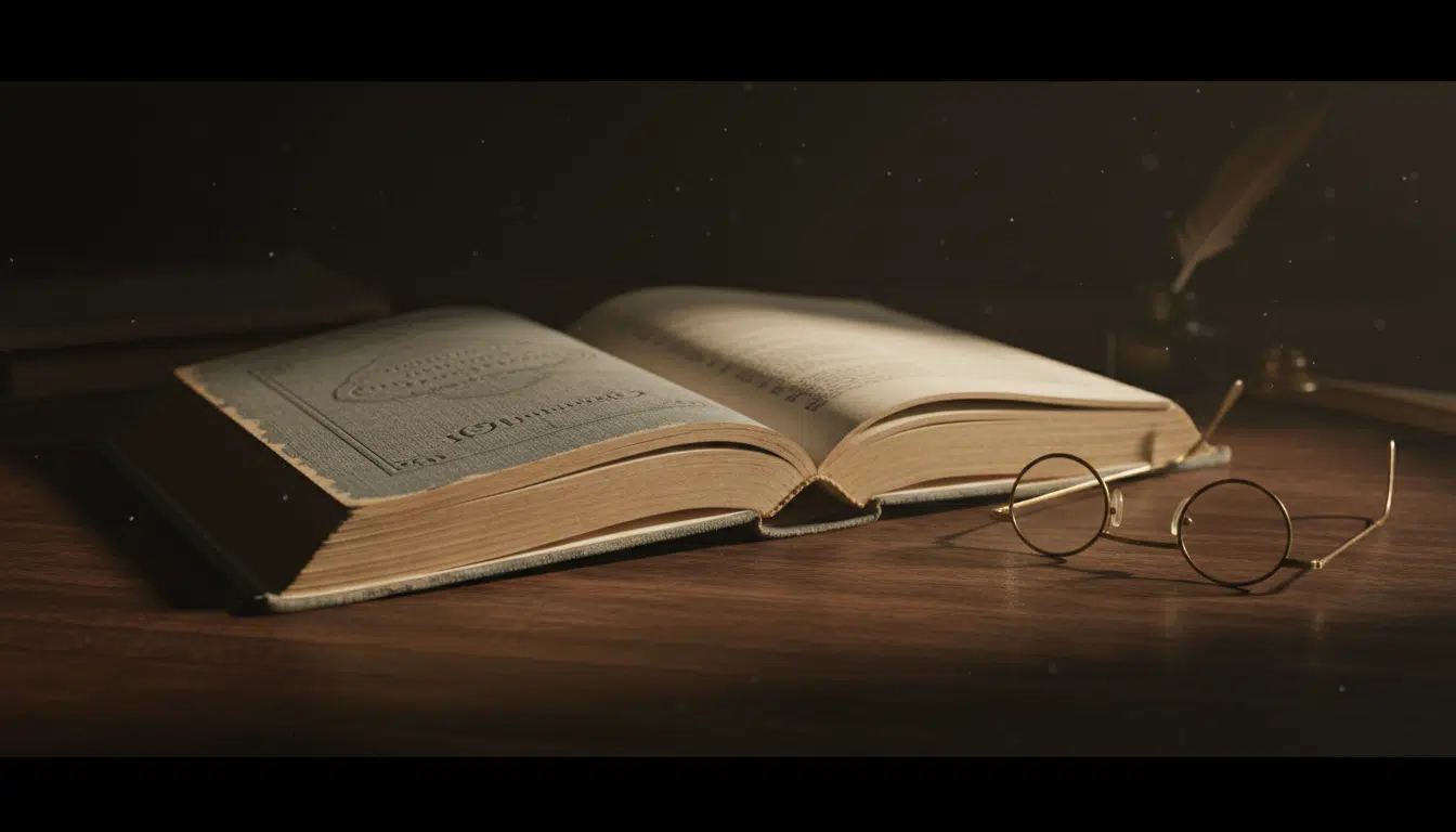 Livre ouvert sur un bureau éclairé par une lampe