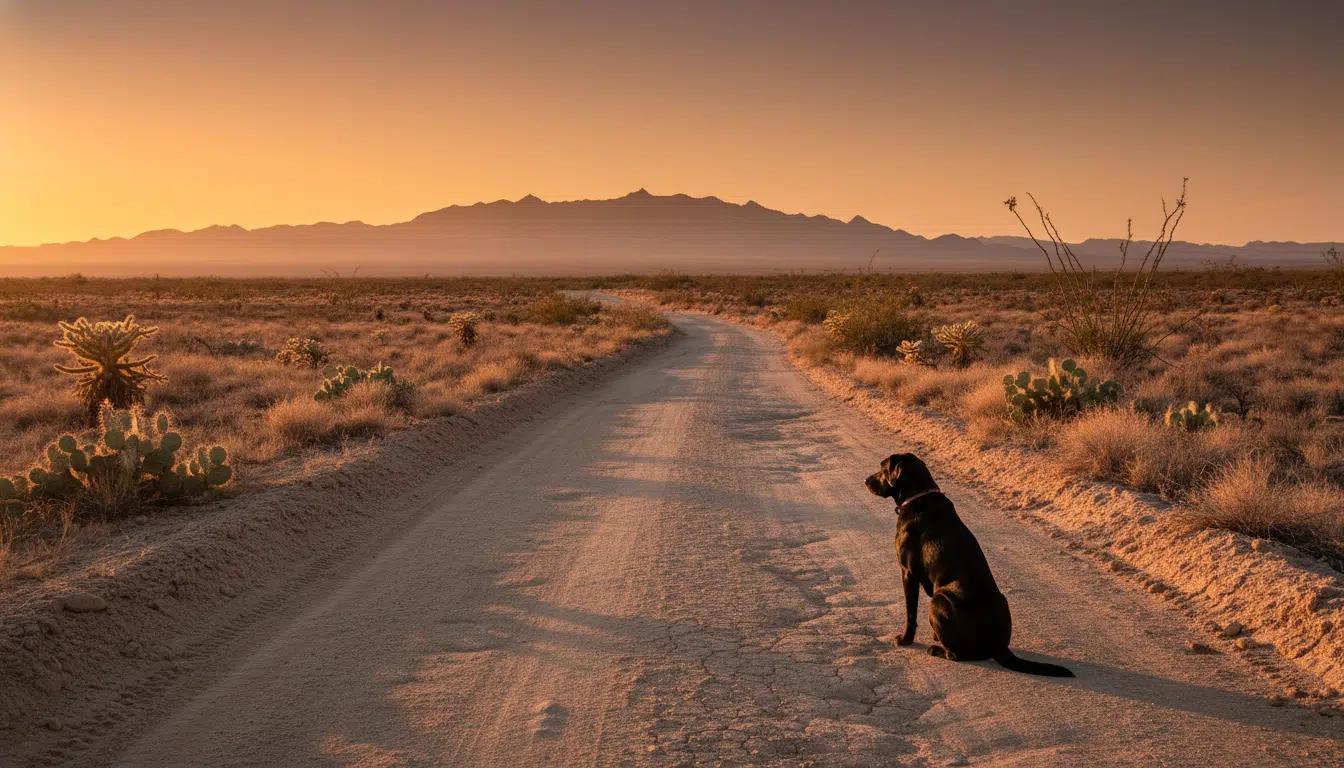 Paysage désertique du Texas avec un labrador noir