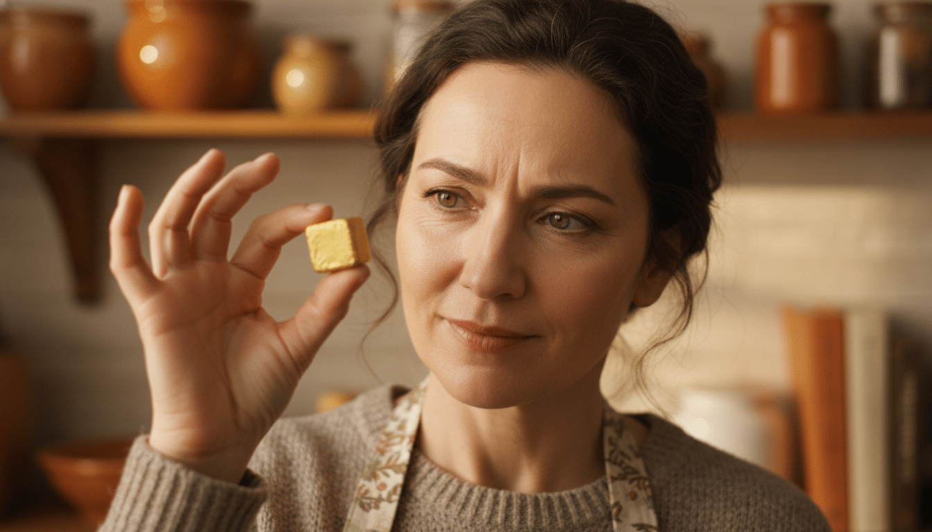 Femme observant un bouillon cube dans sa cuisine