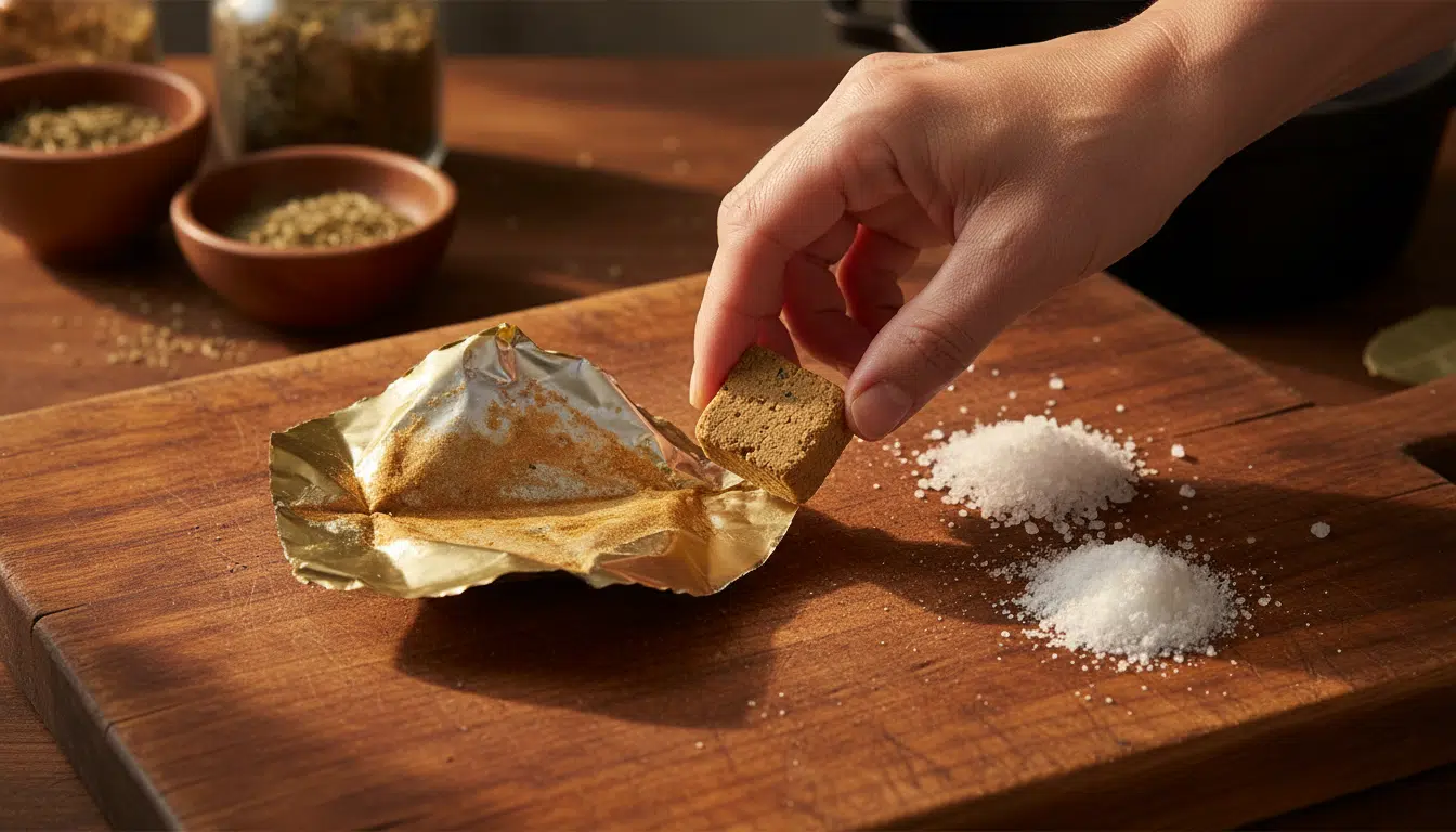 Bouillon cube ouvert avec sel et exhausteurs de goût