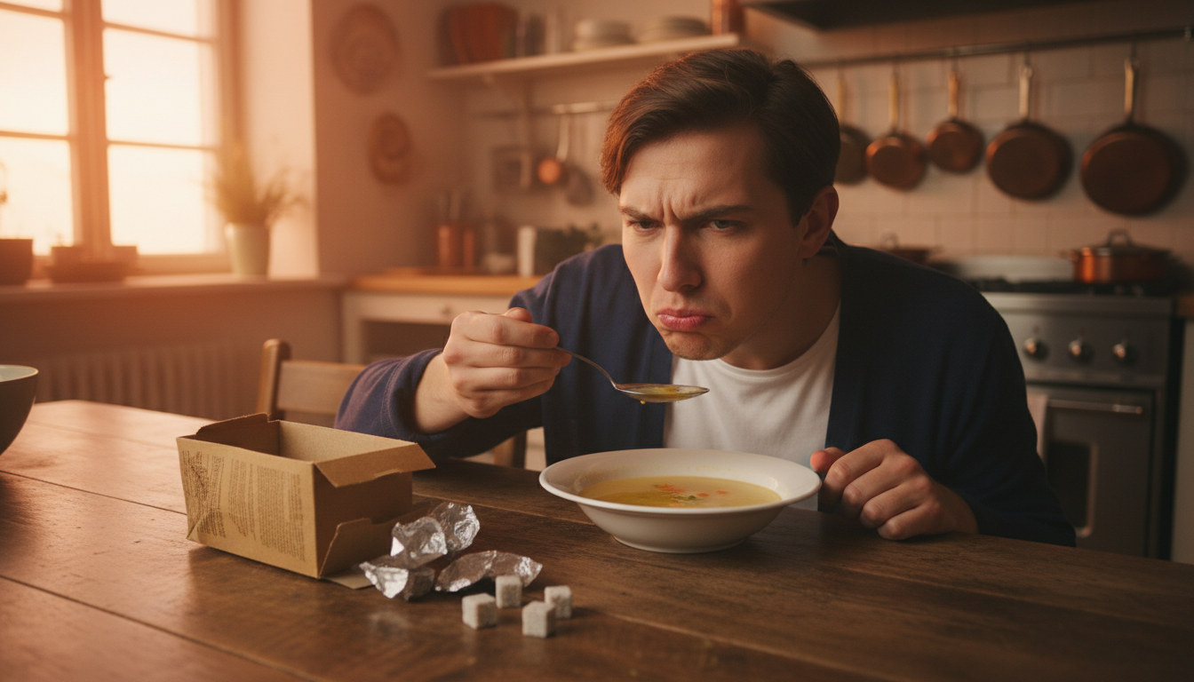 Personne goûtant une soupe fade à table