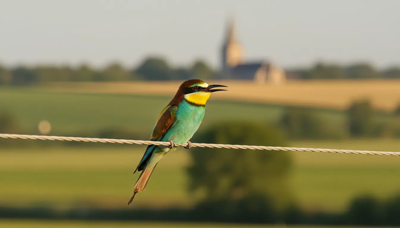Guêpier d'Europe perché sur un fil électrique en campagne française
