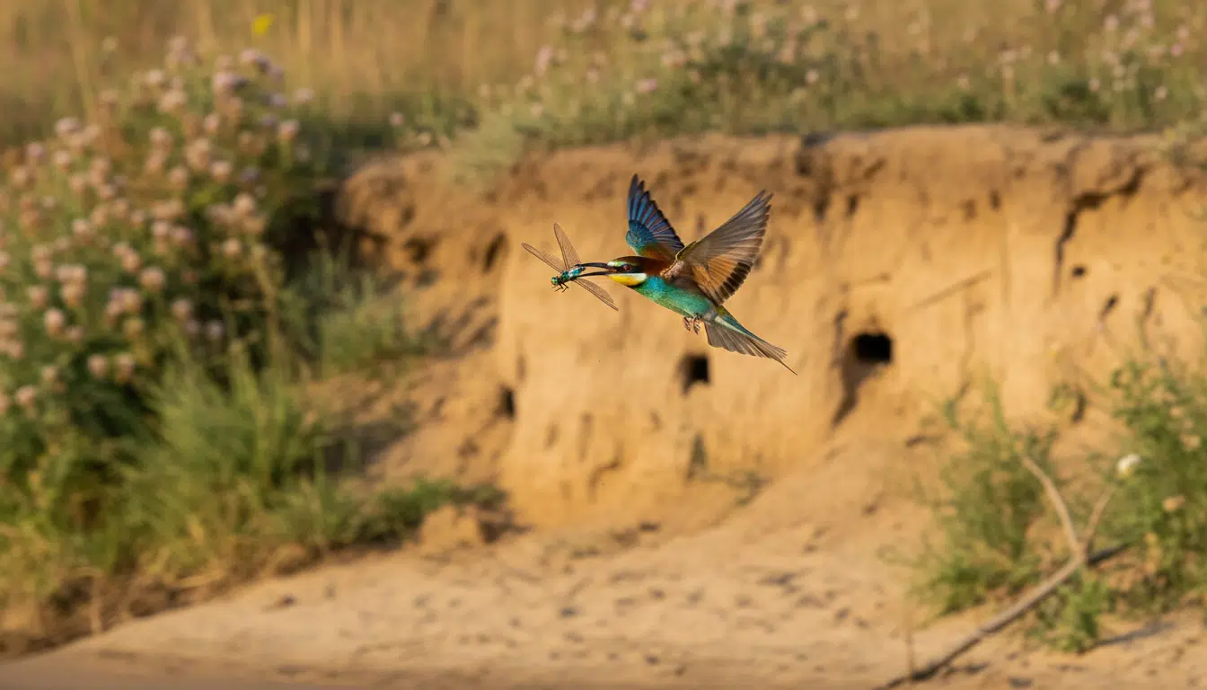 Guêpier d'Europe attrapant une libellule en vol au-dessus d'une berge sableuse