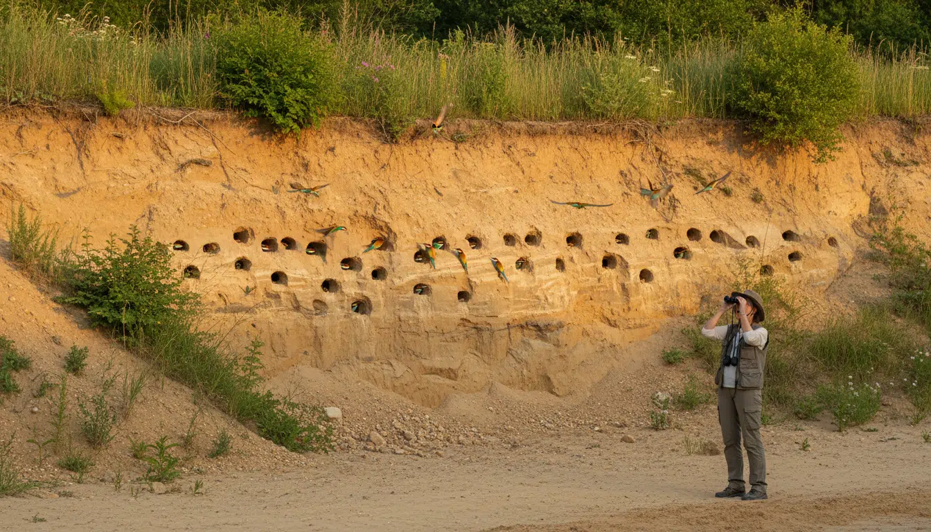 Observatrice avec jumelles devant une colonie de guêpiers dans une ancienne carrière