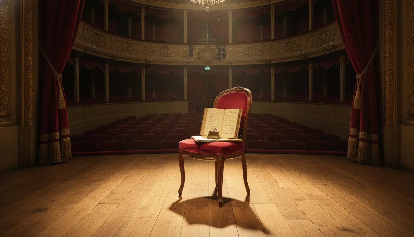 Scène vide du théâtre des Nouveautés avec un script ouvert sous un projecteur, évoquant les répétitions de Nathalie Baye