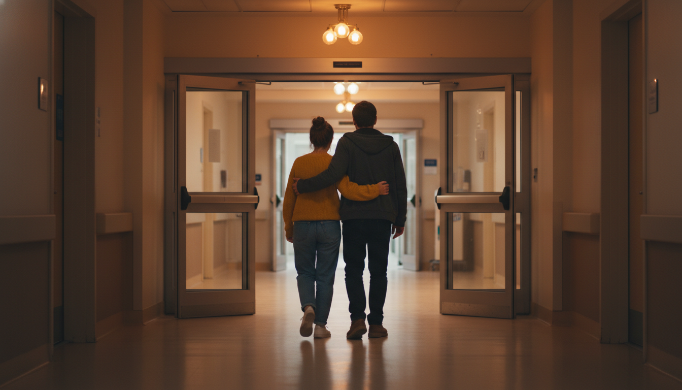Couple marchant dans un couloir d'hôpital après un diagnostic