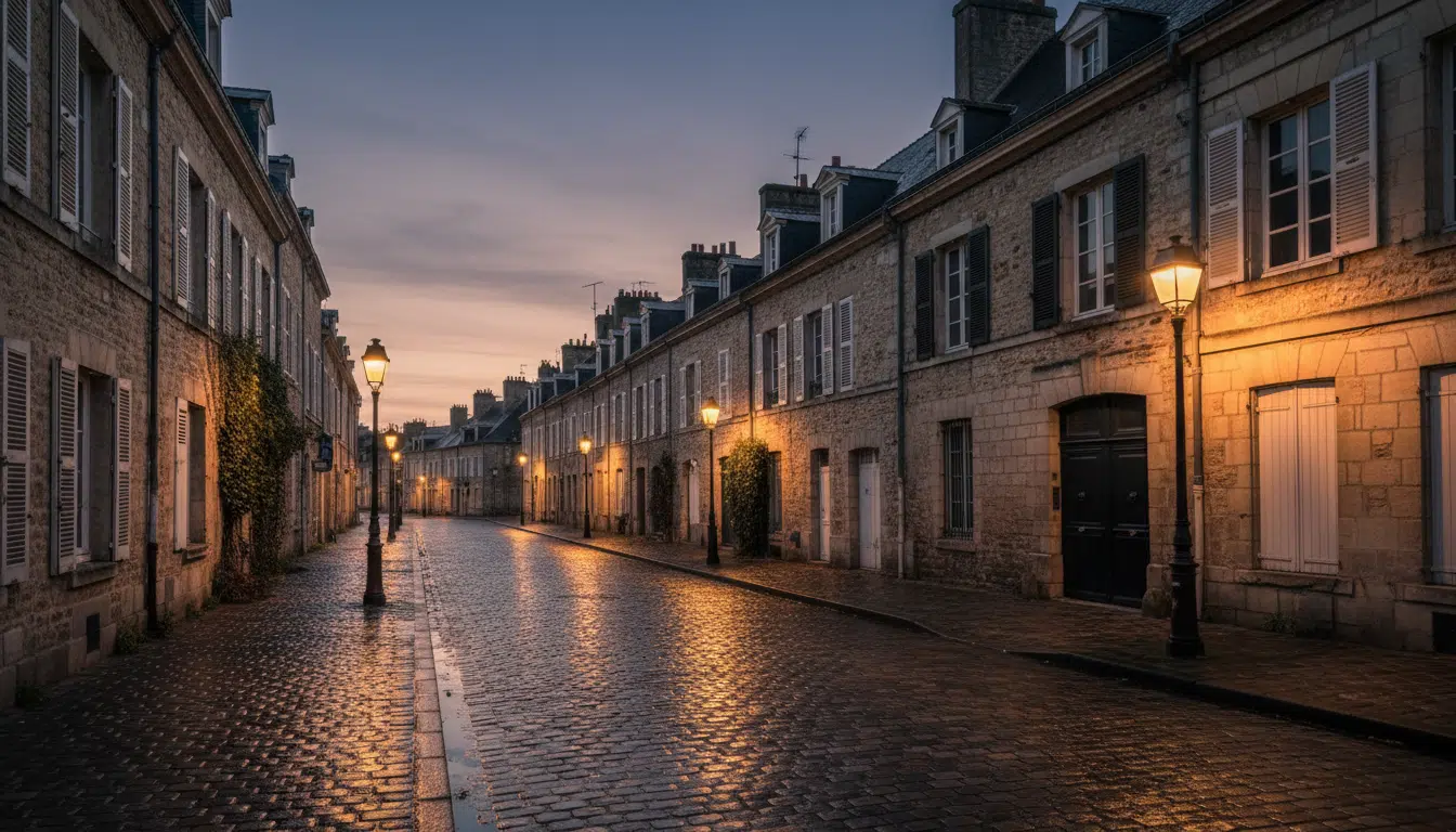Rue résidentielle de Nantes au crépuscule avec maisons aux volets fermés