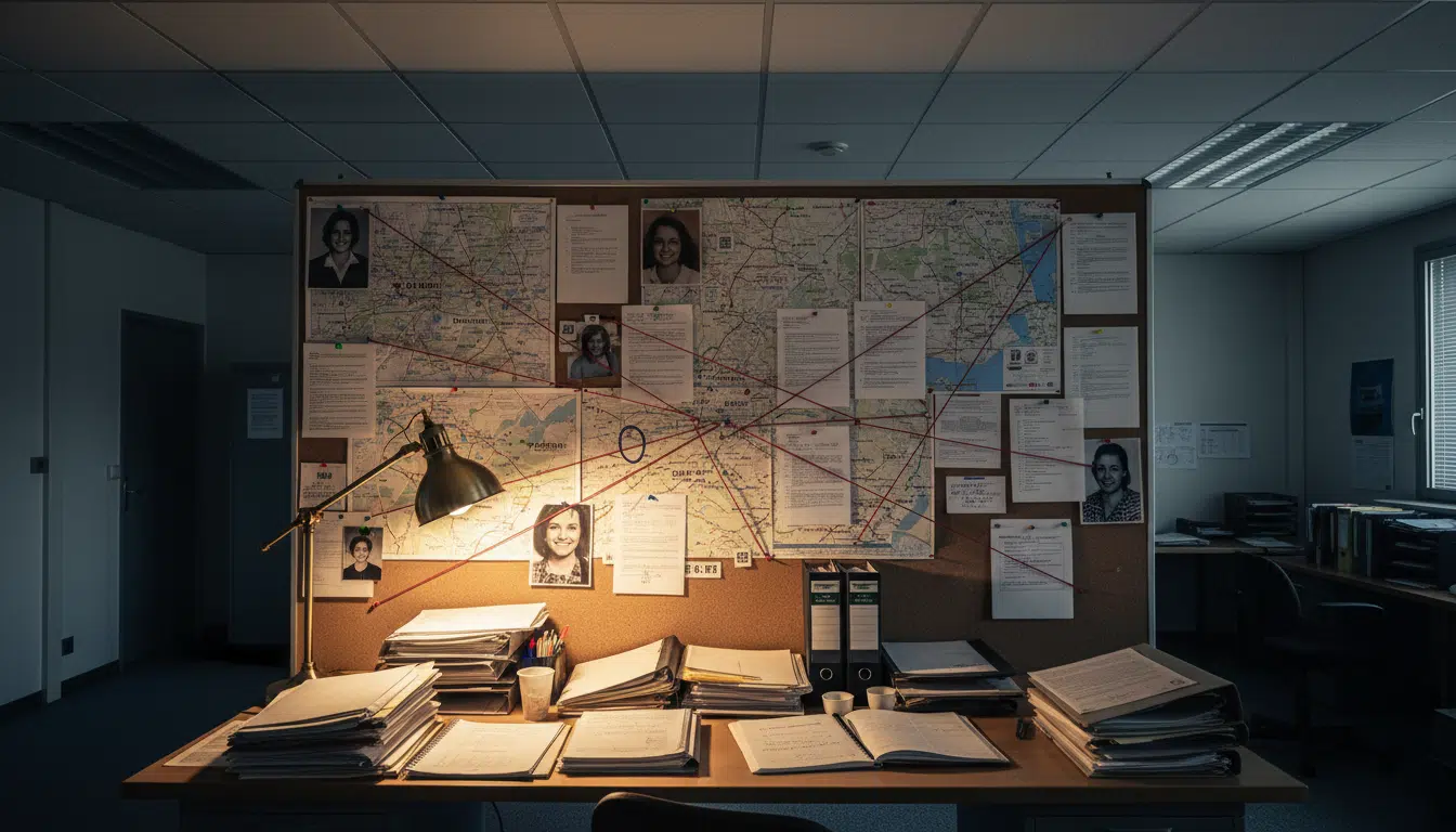 Tableau d'enquête policière avec cartes et documents épinglés