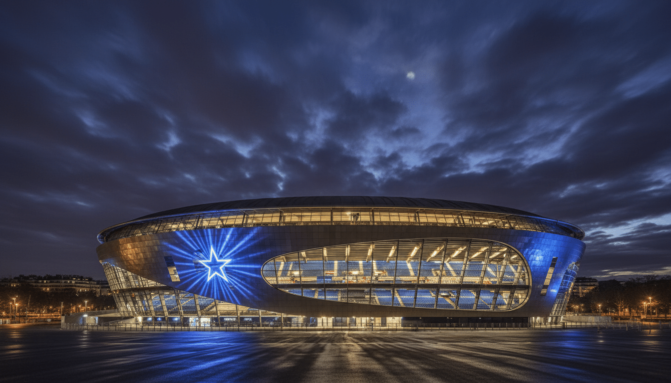 Le Parc des Princes illuminé de nuit avant un match de Ligue des Champions