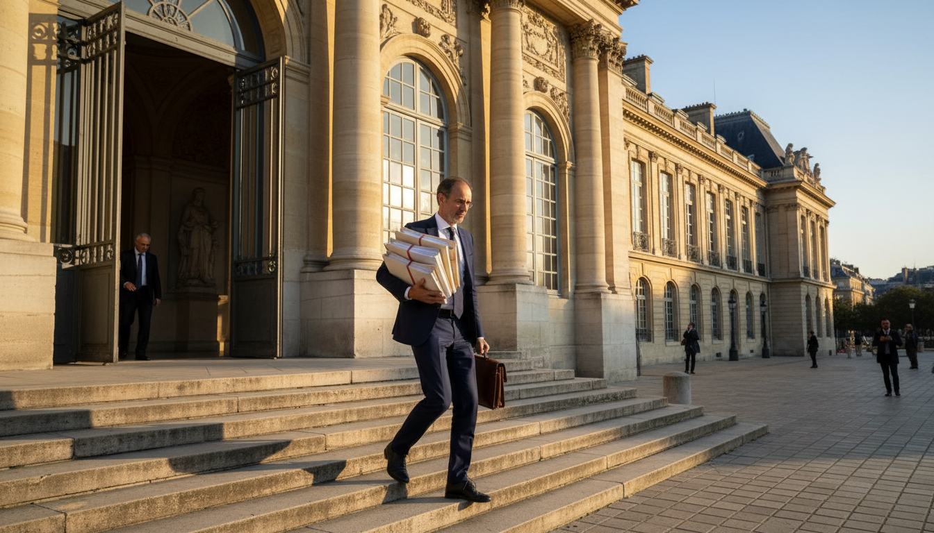 Entrée du Conseil d'État à Paris avec dossiers juridiques