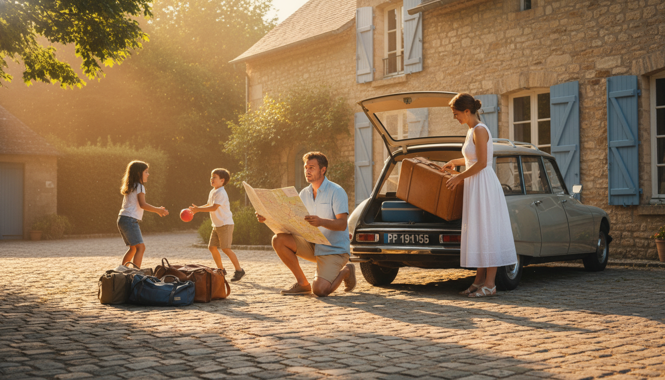 Famille chargeant sa voiture avant un départ en vacances