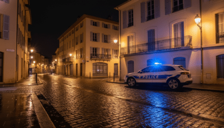 Voiture de police éclairée de nuit dans une rue de Perpignan