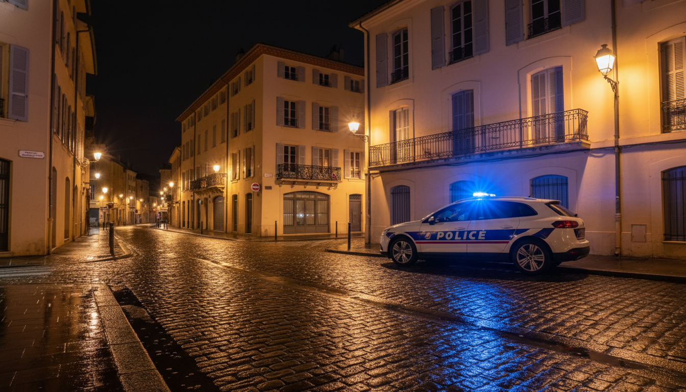 Voiture de police éclairée de nuit dans une rue de Perpignan