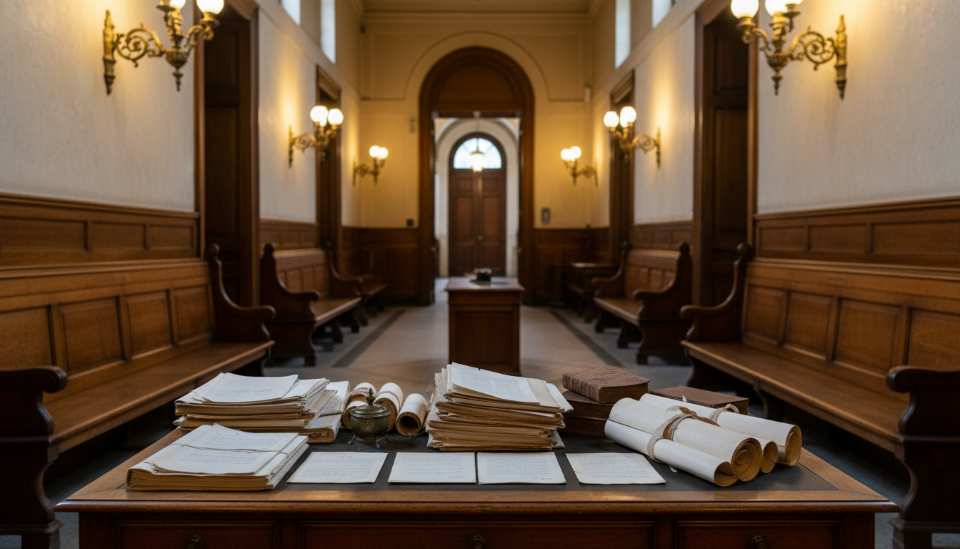 Couloir intérieur d'un tribunal français avec bancs en bois