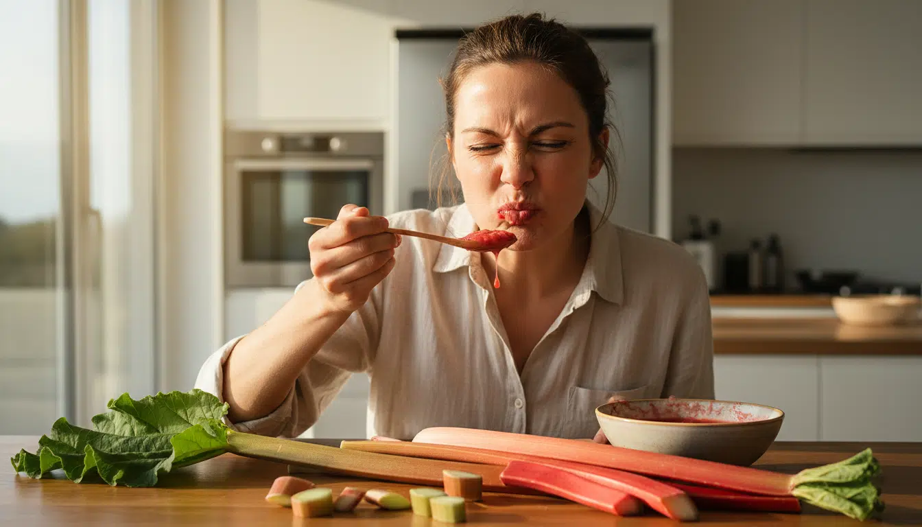 Femme goûtant une compote de rhubarbe acide en cuisine