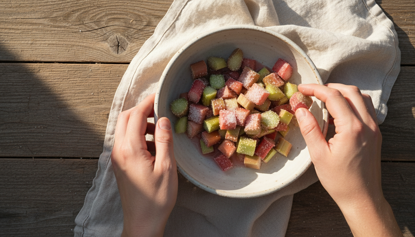 Rhubarbe coupée en morceaux dégorgée au sucre dans un bol