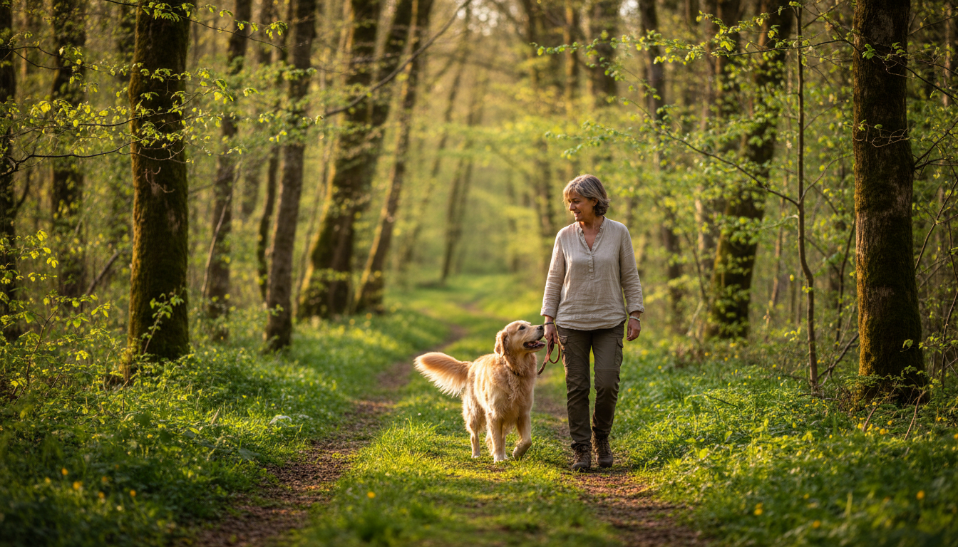 Propriétaire promenant son chien en laisse en forêt