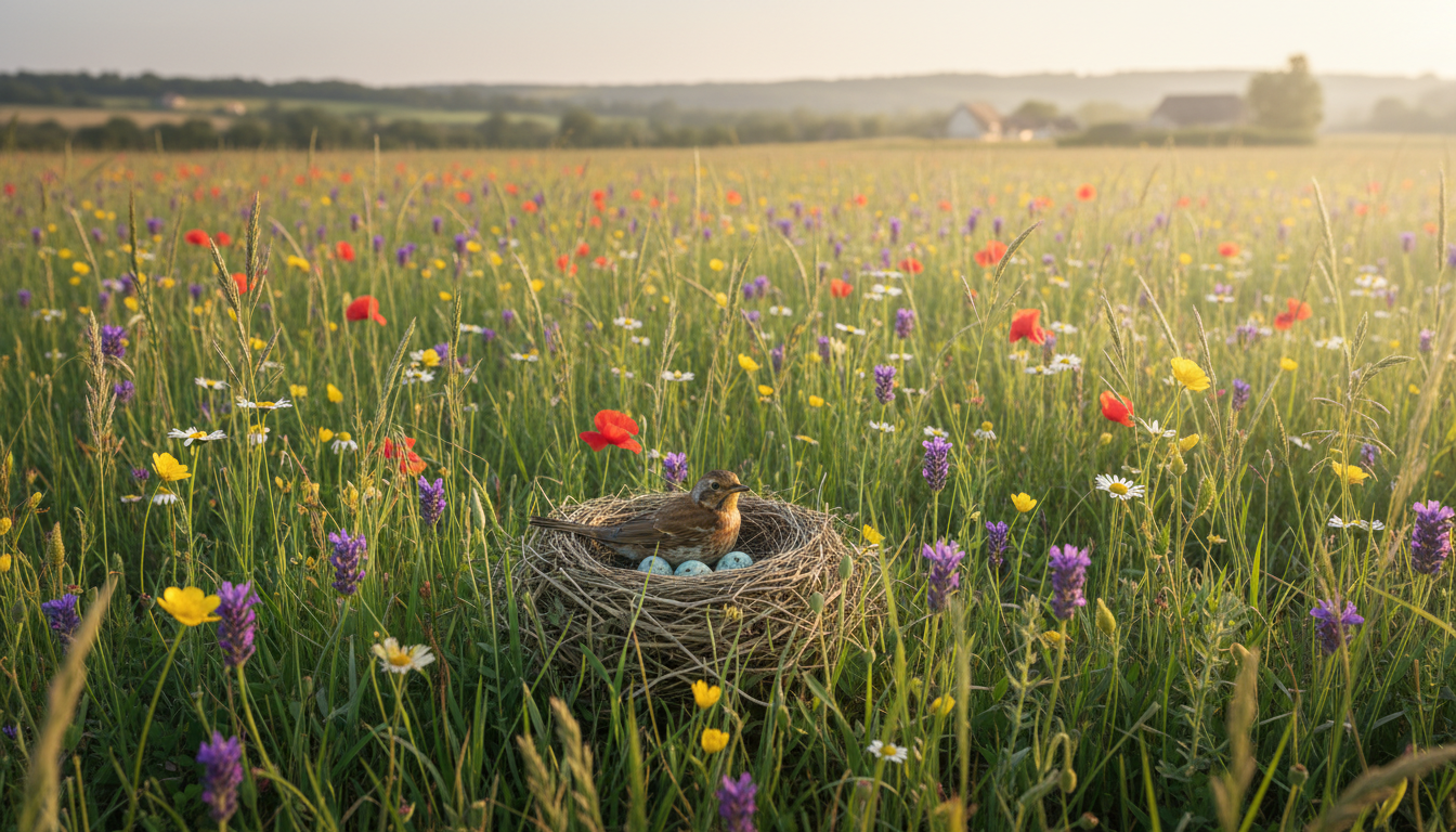 Oiseau nichant au sol dans un pré au printemps