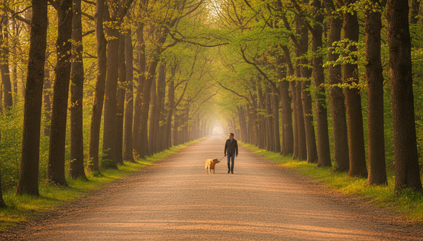 Chien en liberté sur une allée forestière autorisée