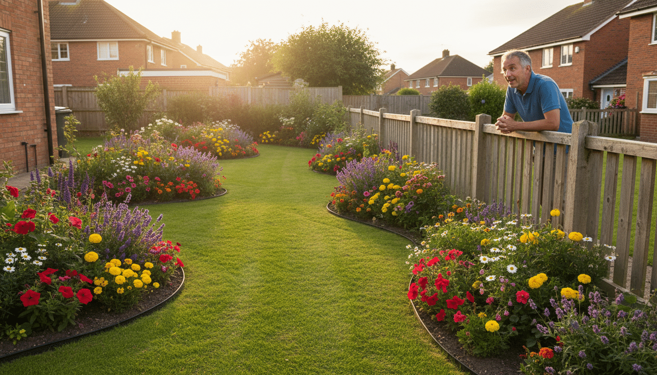 Jardin banlieue avec bordures nettes et voisin admiratif