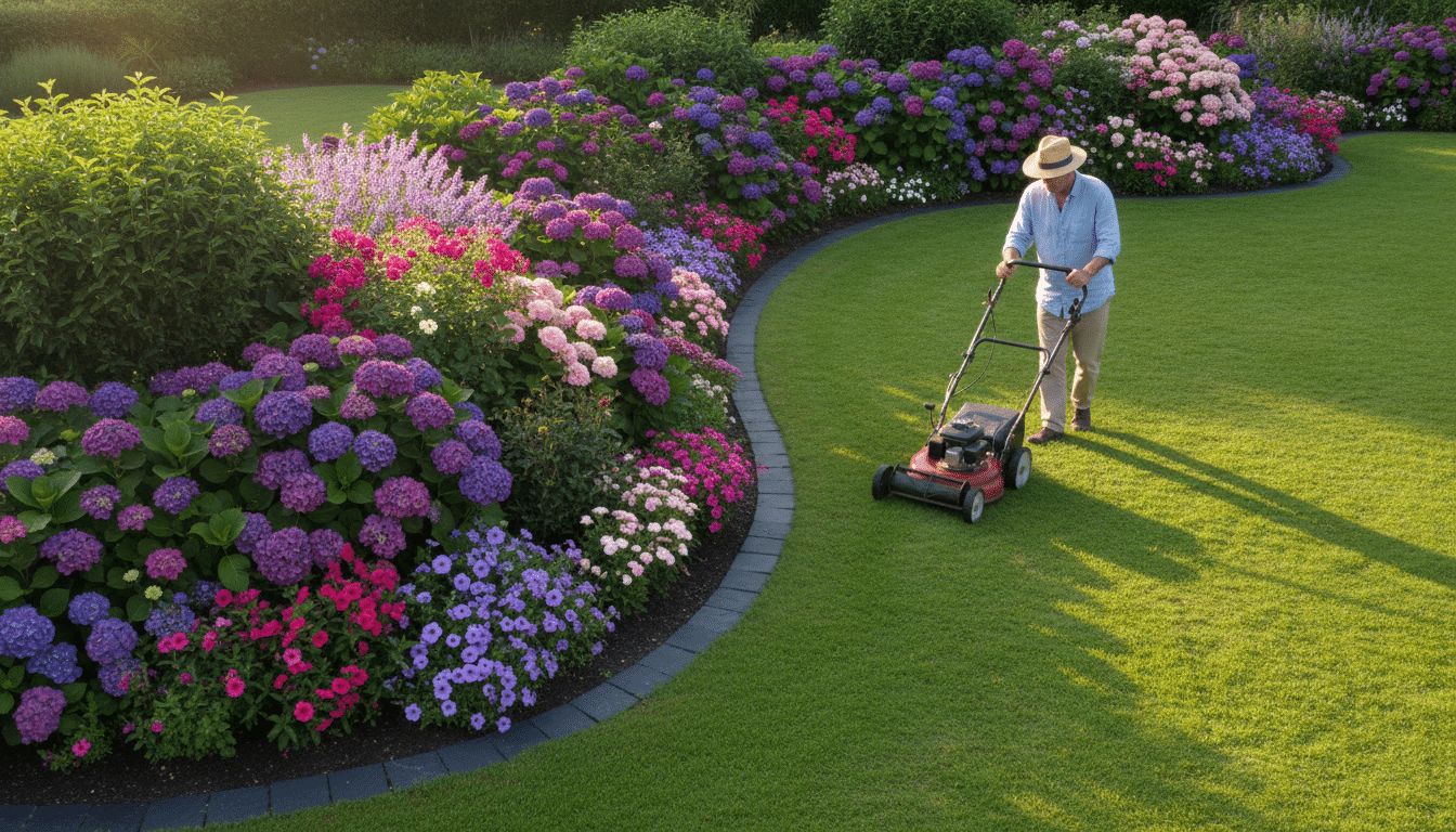Tonte de pelouse le long d'une bordure de jardin