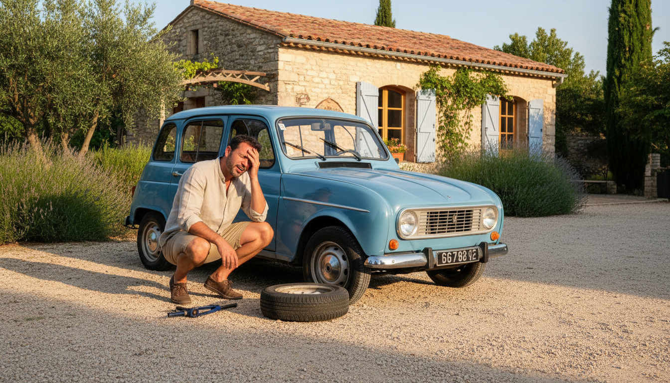 Automobiliste constatant un pneu crevé sur un parking