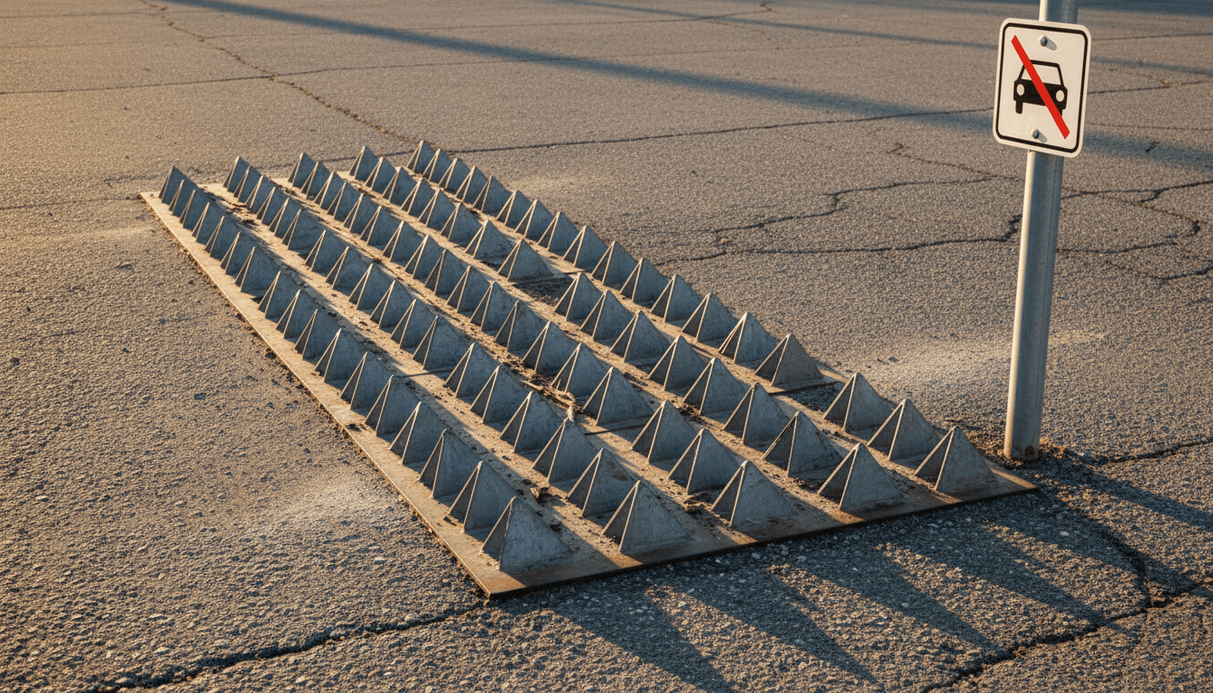 Herse anti-recul à dents métalliques sur un parking privé