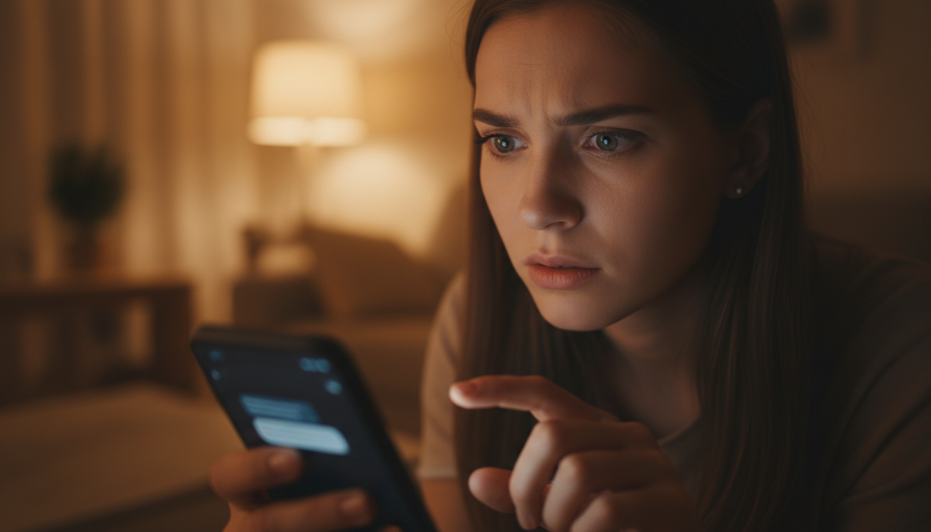 Personne anxieuse fixant un message sans réponse sur son téléphone