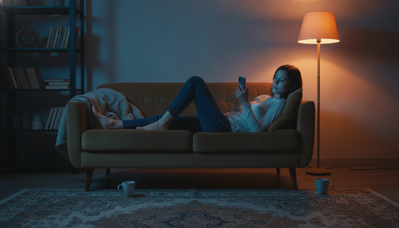 Personne sur un canapé scrollant sur son smartphone