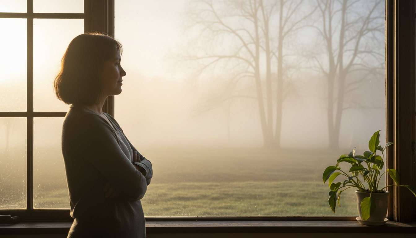 Personne contemplative devant une fenêtre au matin
