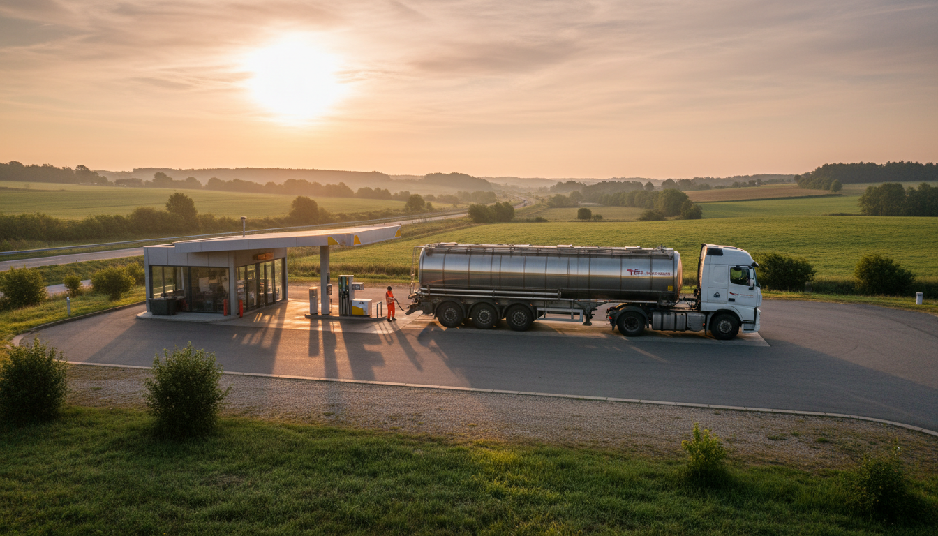 Camion-citerne de livraison devant une station-service