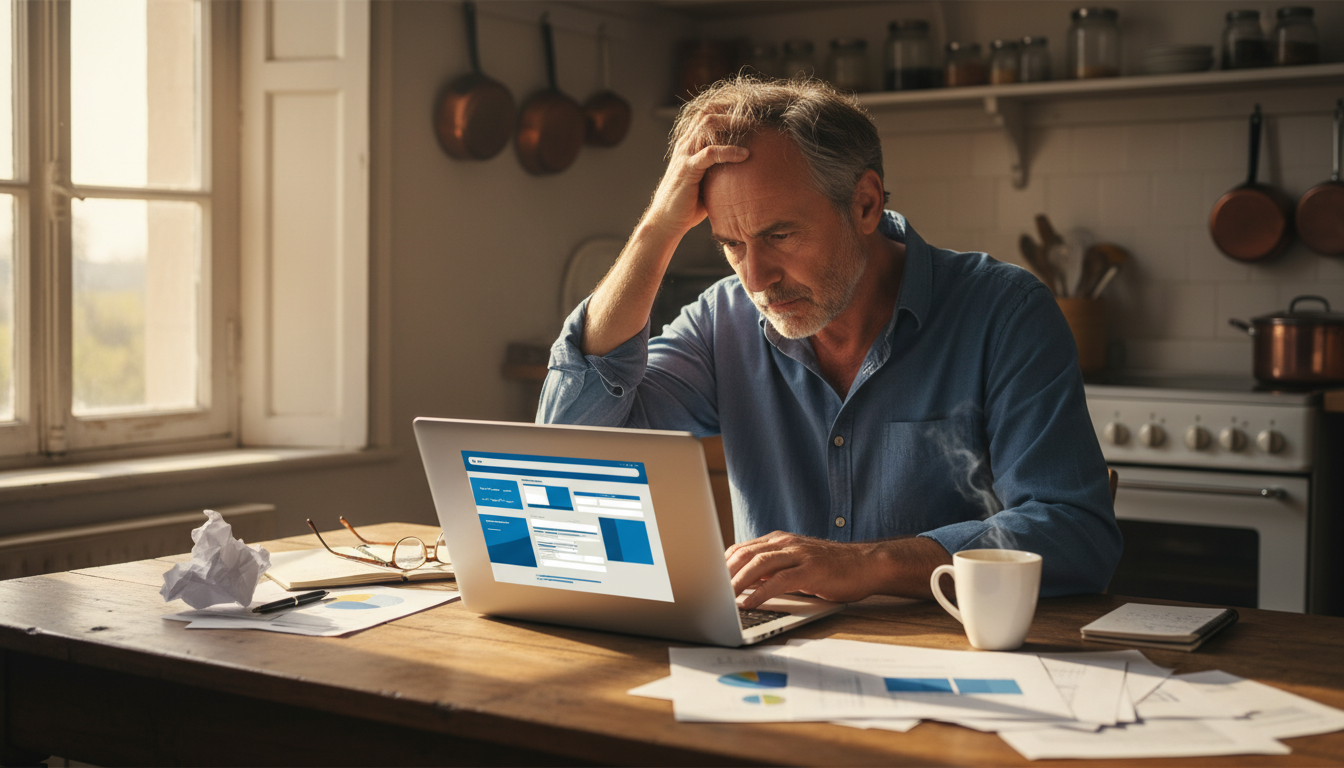 Contribuable inquiet devant sa déclaration d'impôts en ligne