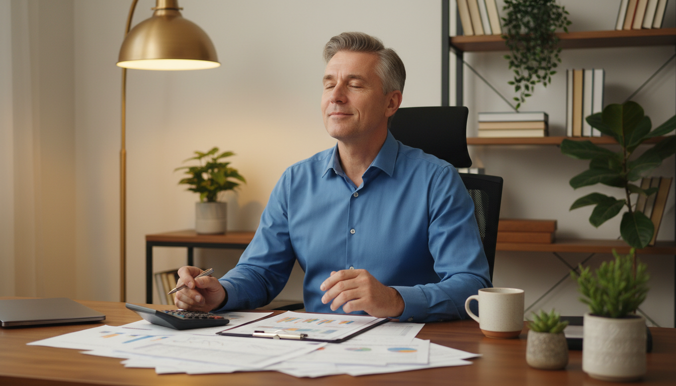 Homme vérifiant ses documents fiscaux au bureau