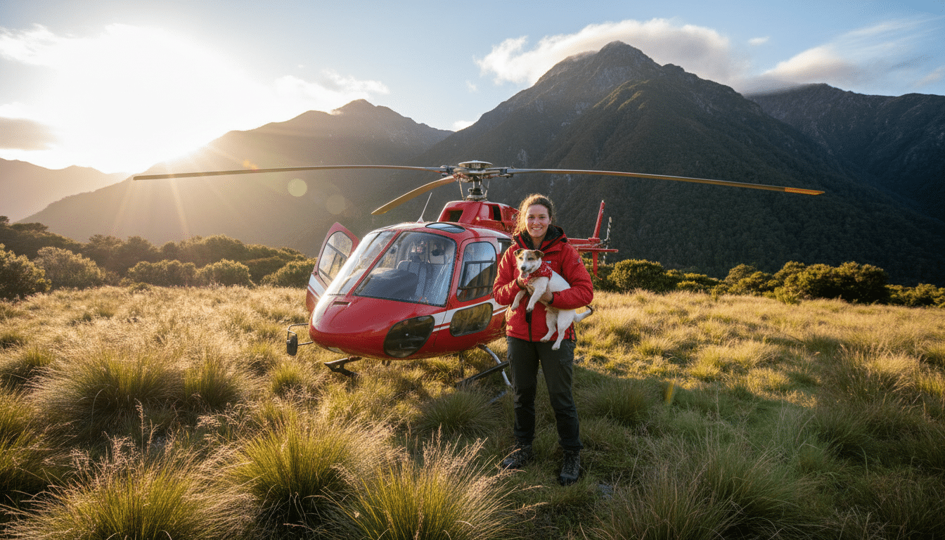 Hélicoptère de sauvetage avec le Jack Russell Bingo en montagne