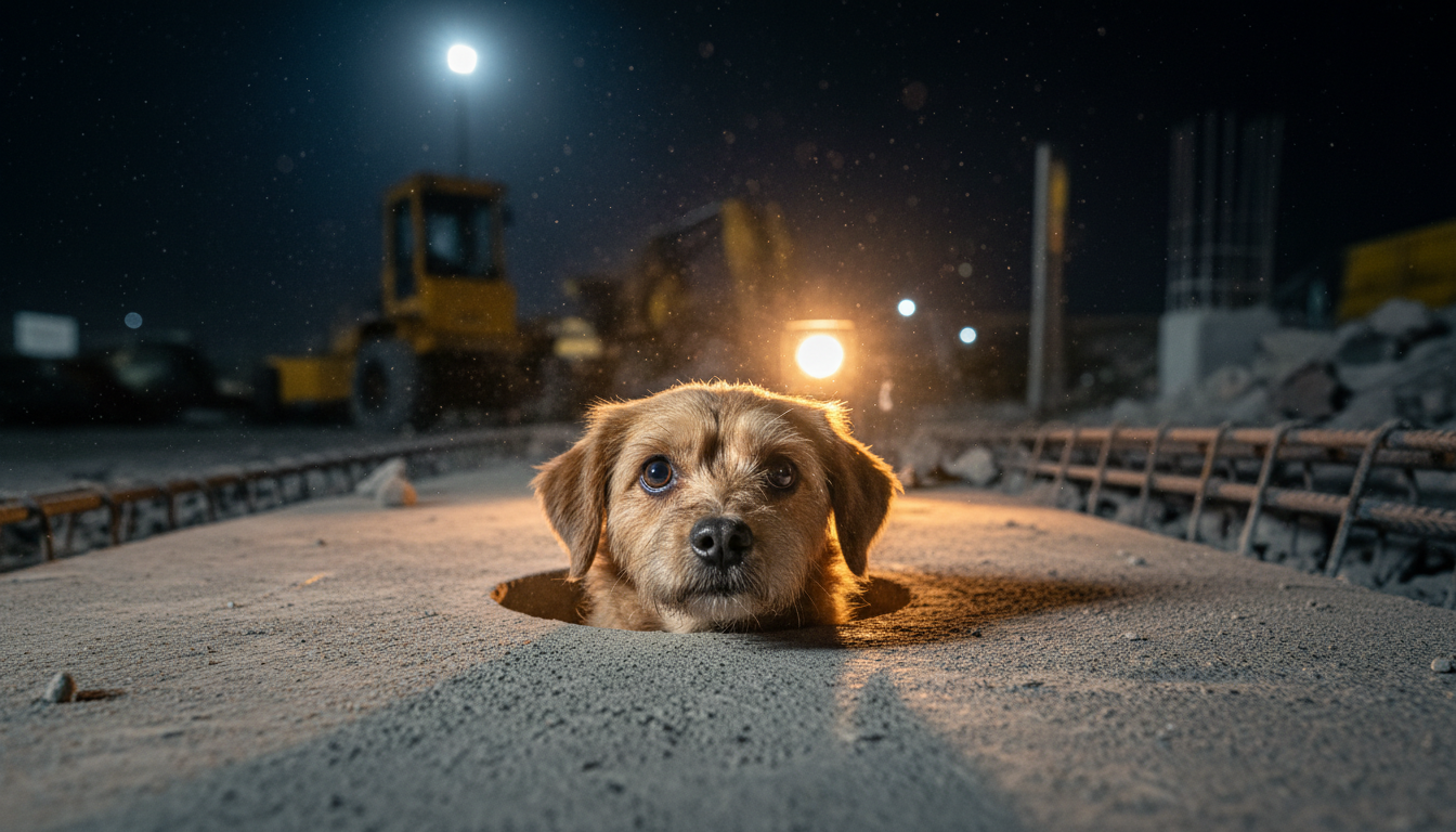 Chienne piégée dans le béton sur un chantier de nuit