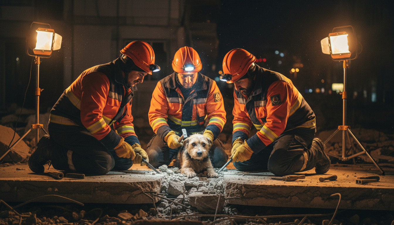 Pompiers dégageant une chienne prisonnière du ciment