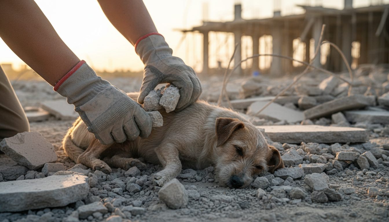 Mains de sauveteurs cassant le béton autour du chien