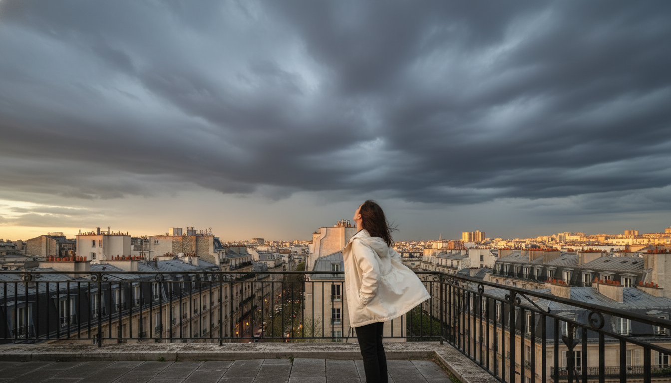 Personne sur une terrasse face aux nuages d'orage