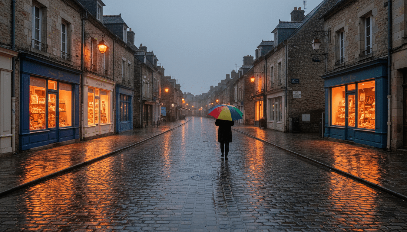 Rue normande sous la pluie avec parapluie coloré