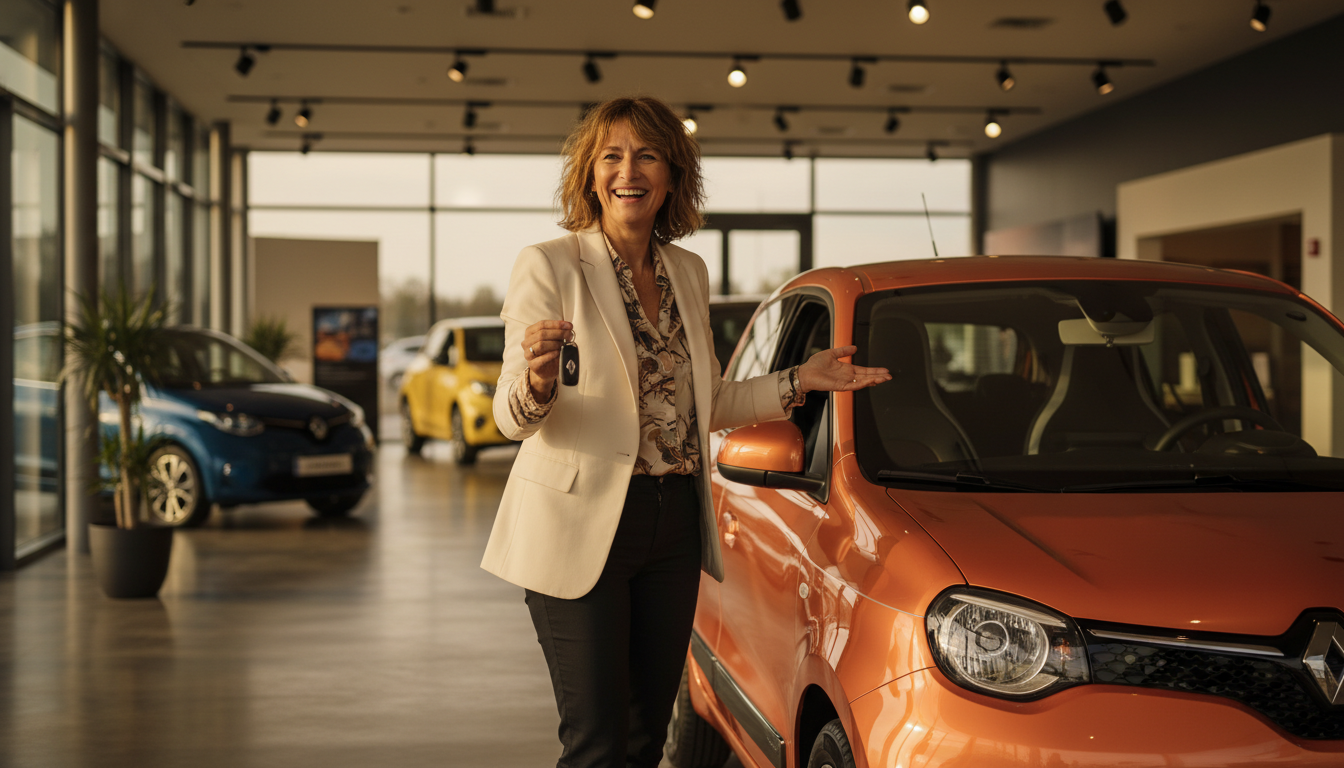 Femme souriante devant la nouvelle Twingo électrique Renault