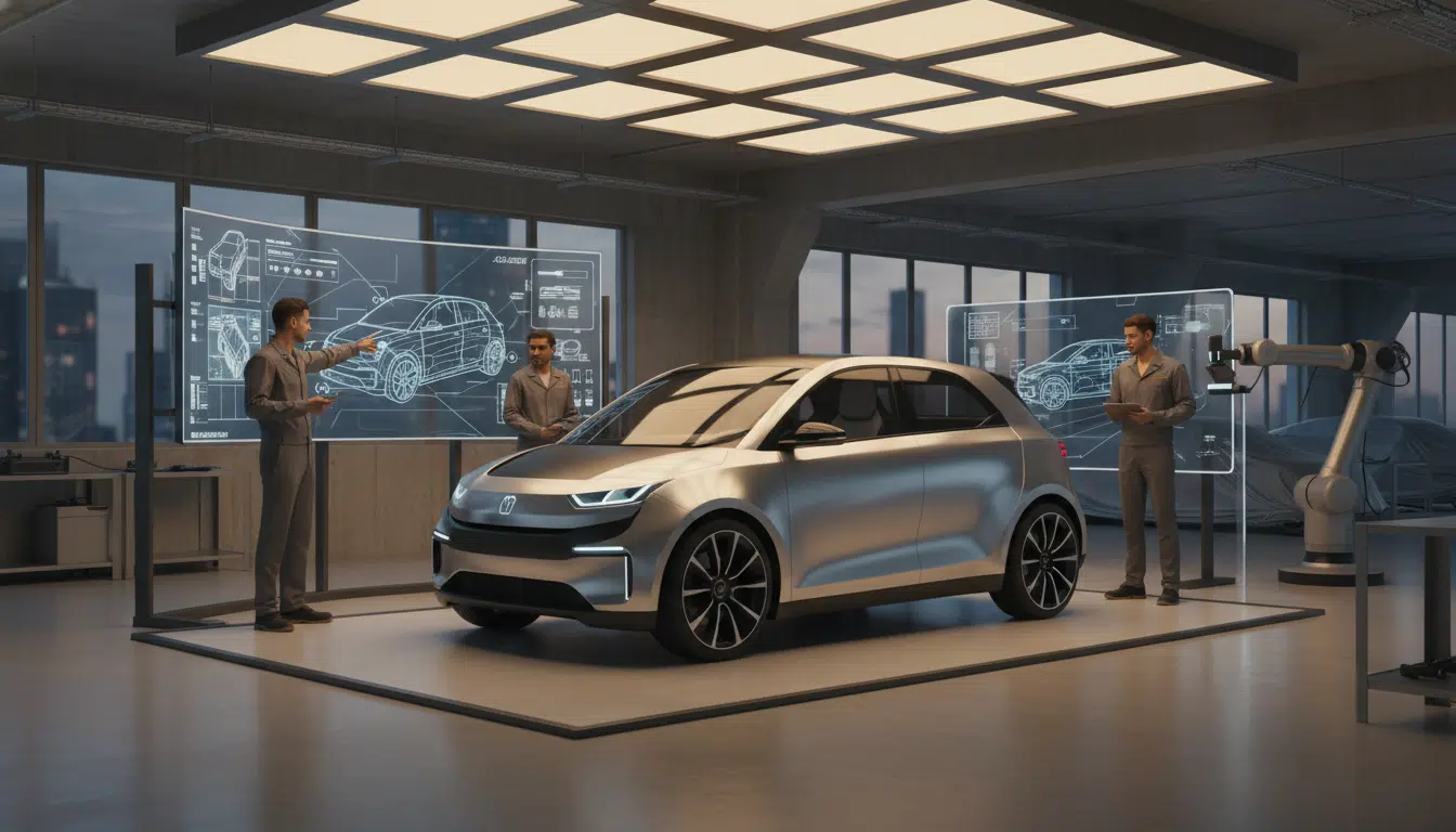 Bureau de conception automobile avec prototype de citadine électrique