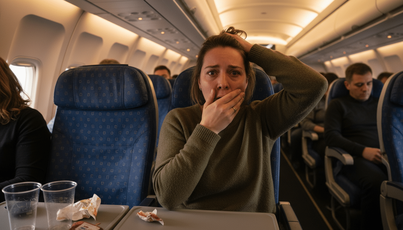 Passagère choquée assise dans un avion en classe économique