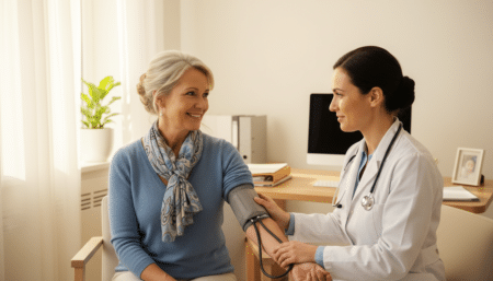 Femme de 50 ans lors d'une consultation ménopause chez le médecin