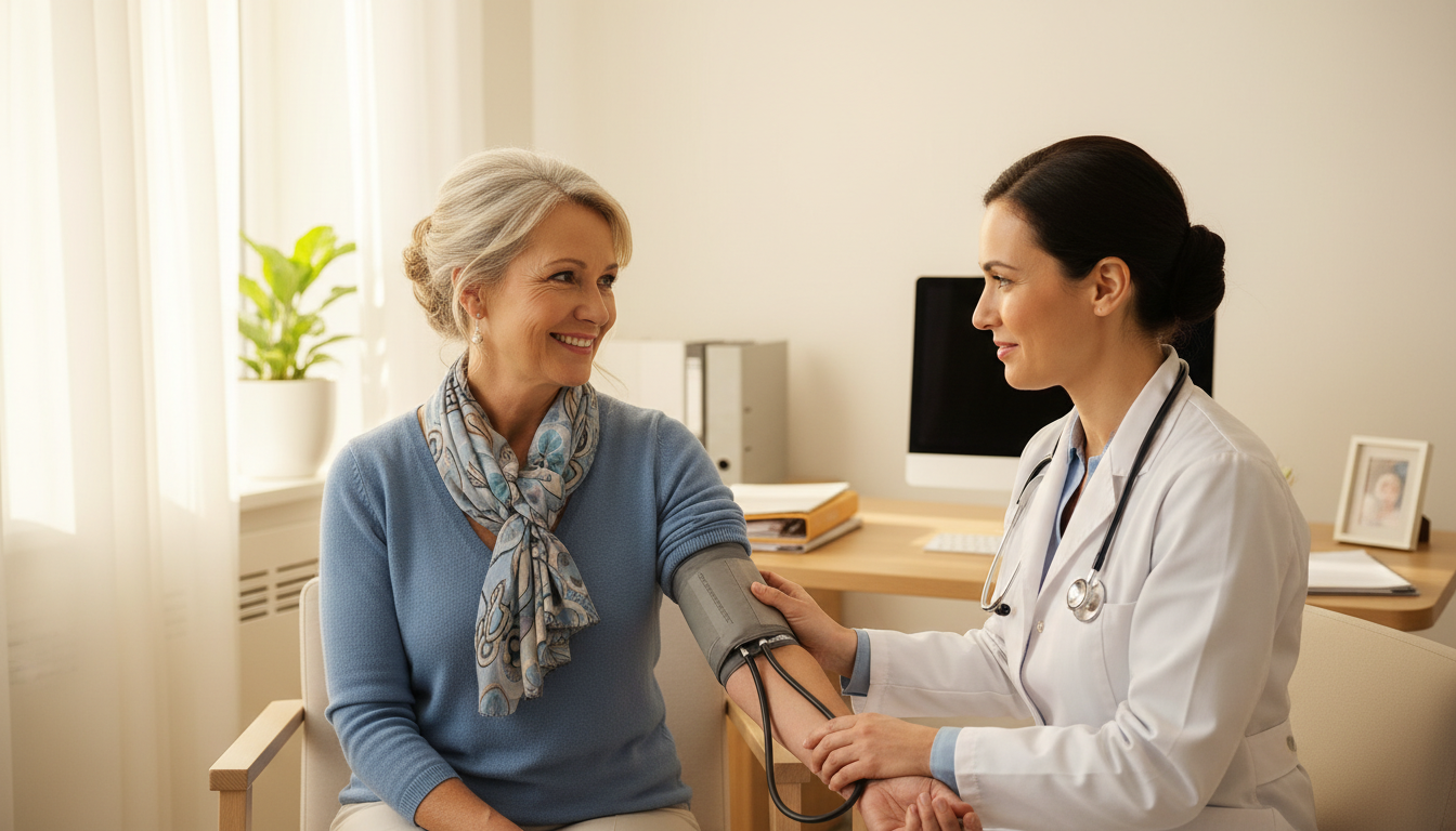 Femme de 50 ans lors d'une consultation ménopause chez le médecin