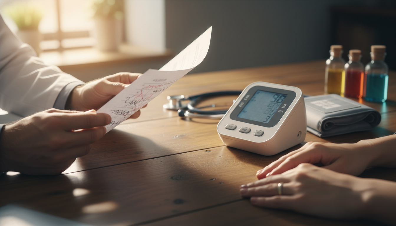 Bilan lipidique et tensiomètre lors d'une consultation médicale