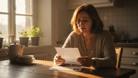 Femme inquiète lisant un courrier de la Sécurité sociale