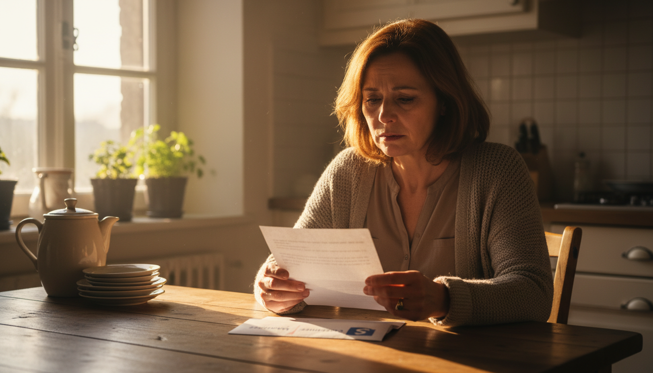 Femme inquiète lisant un courrier de la Sécurité sociale
